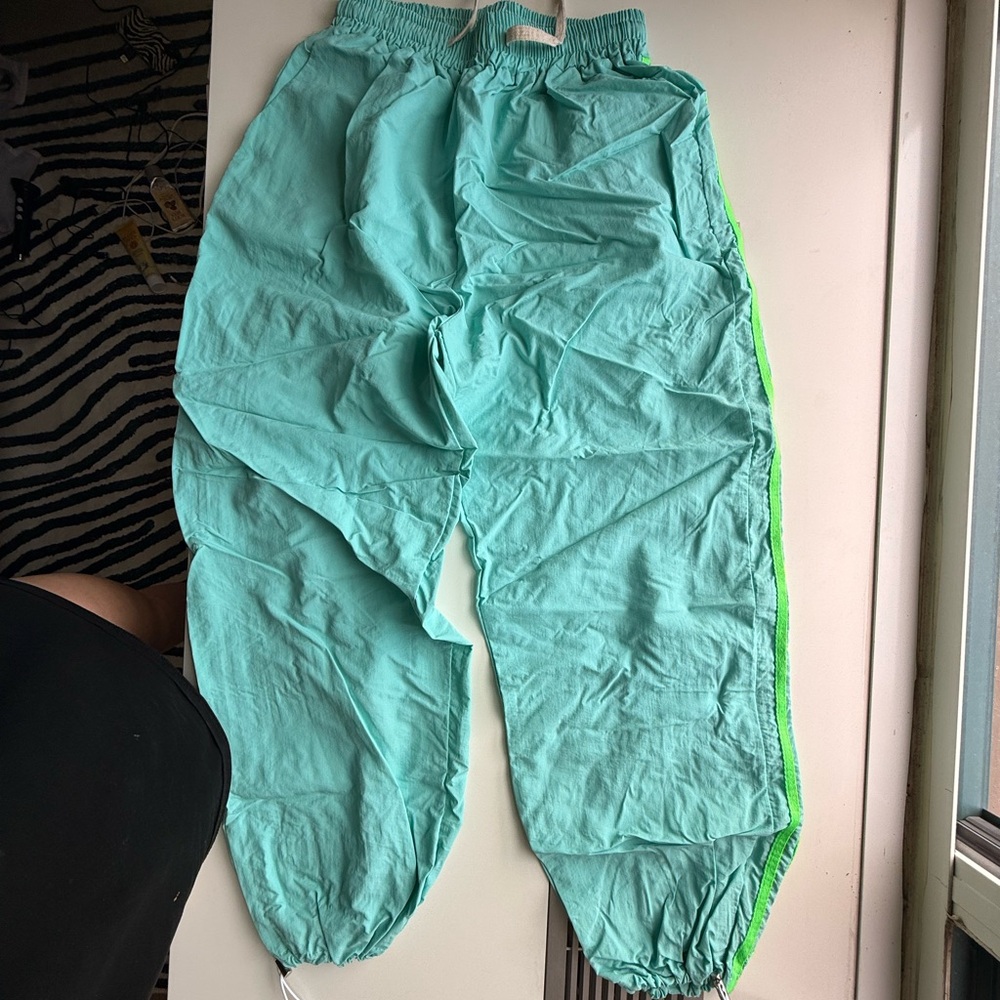 Women's blue pants with green stripes, 10$